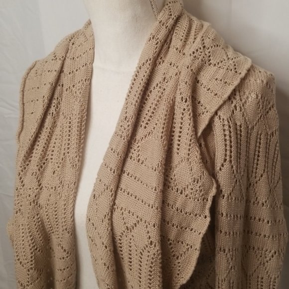 ⭐last CHANCE ⭐ Open front cardigan sweater crochet cascading 3/4 sleeve M tan - Picture 3 of 12